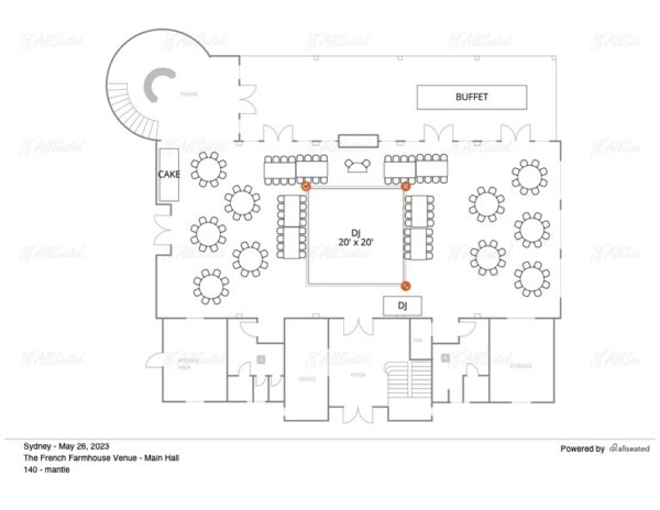 Floor plan for 150 guests at the French farmhouse venue in Collinsville, Texas!