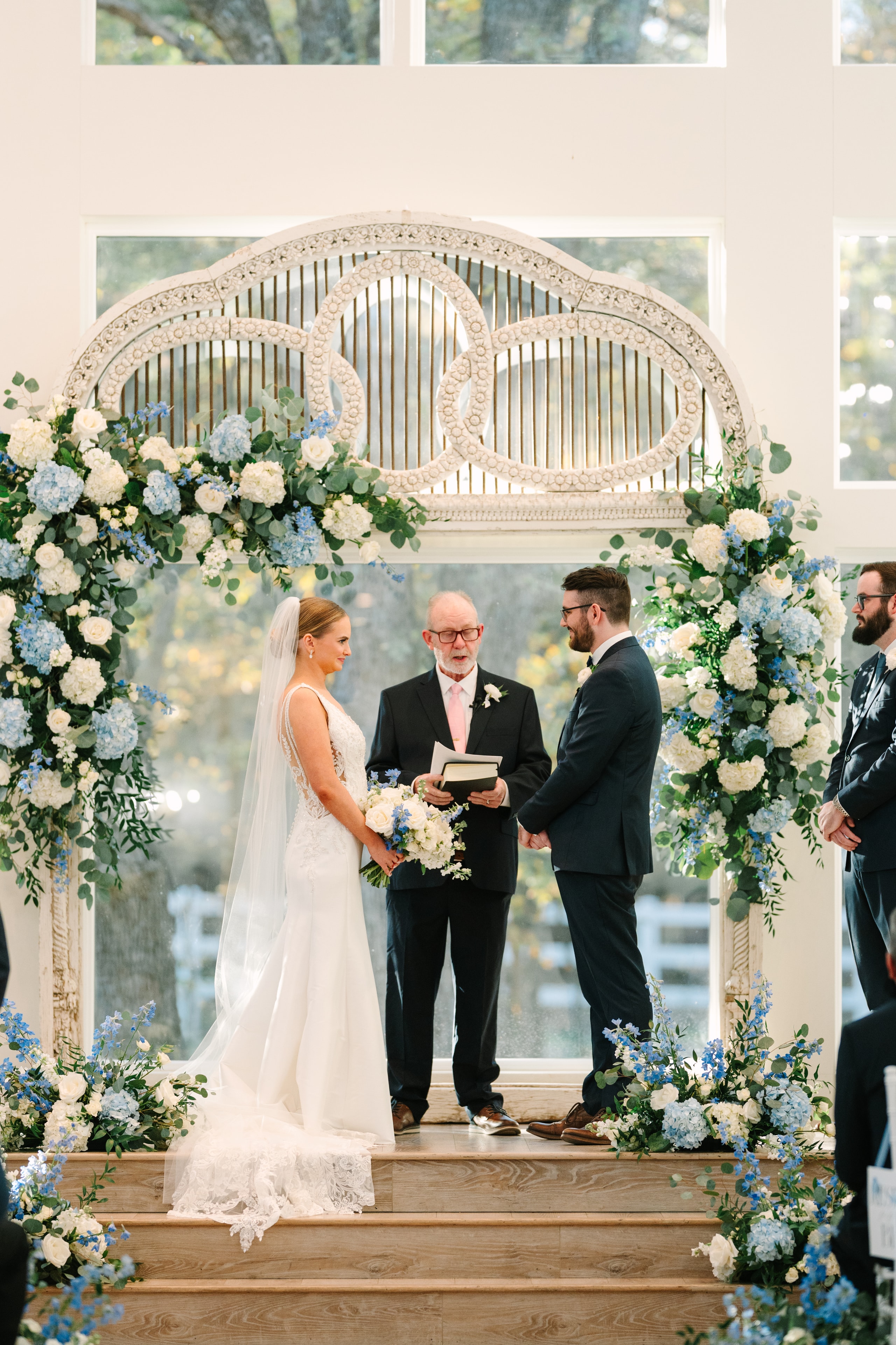 Katie Greene and Mason Allen on their wedding day at The French Farmhouse Venue in Collinsville, Texas