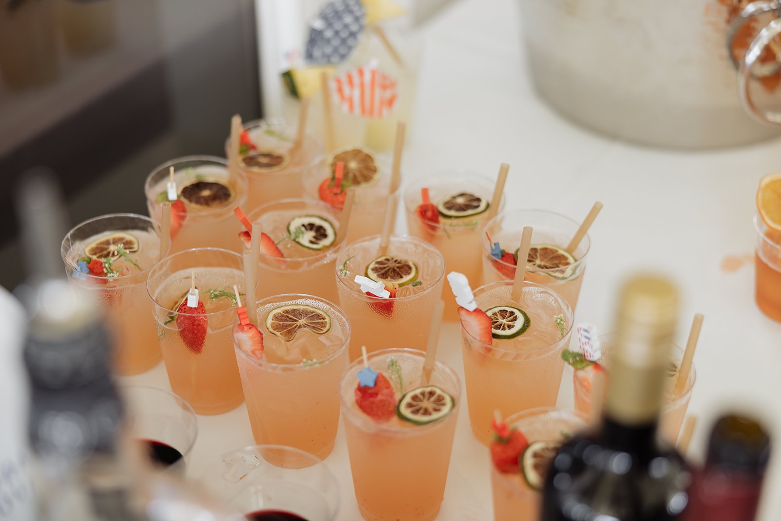 Professional Partiers Bar signature cocktails for Nina and Gage's wedding — peachy pink drinks garnished with dried citrus, fresh strawberries, and patriotic star picks