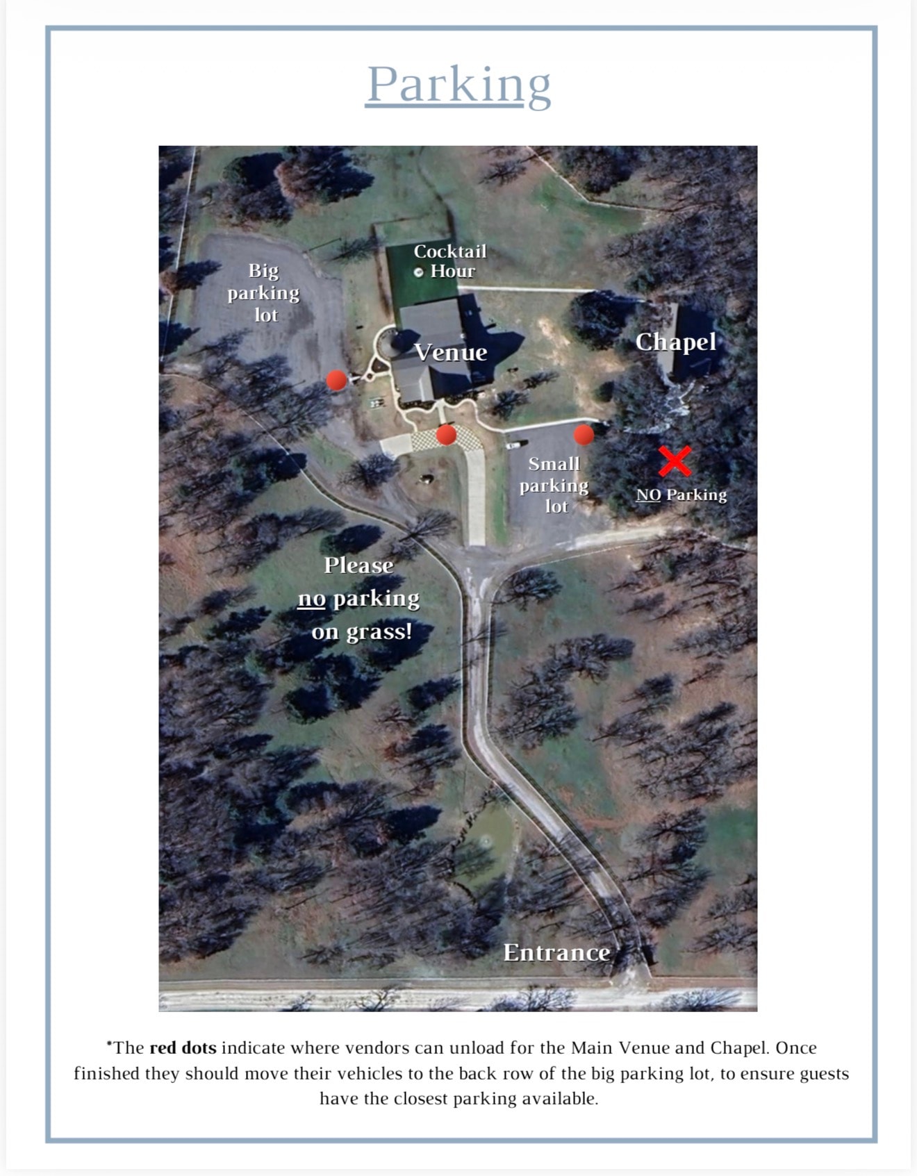 Venue parking map showing big parking lot, small parking lot, vendor unloading zones marked with red dots, and no-parking areas