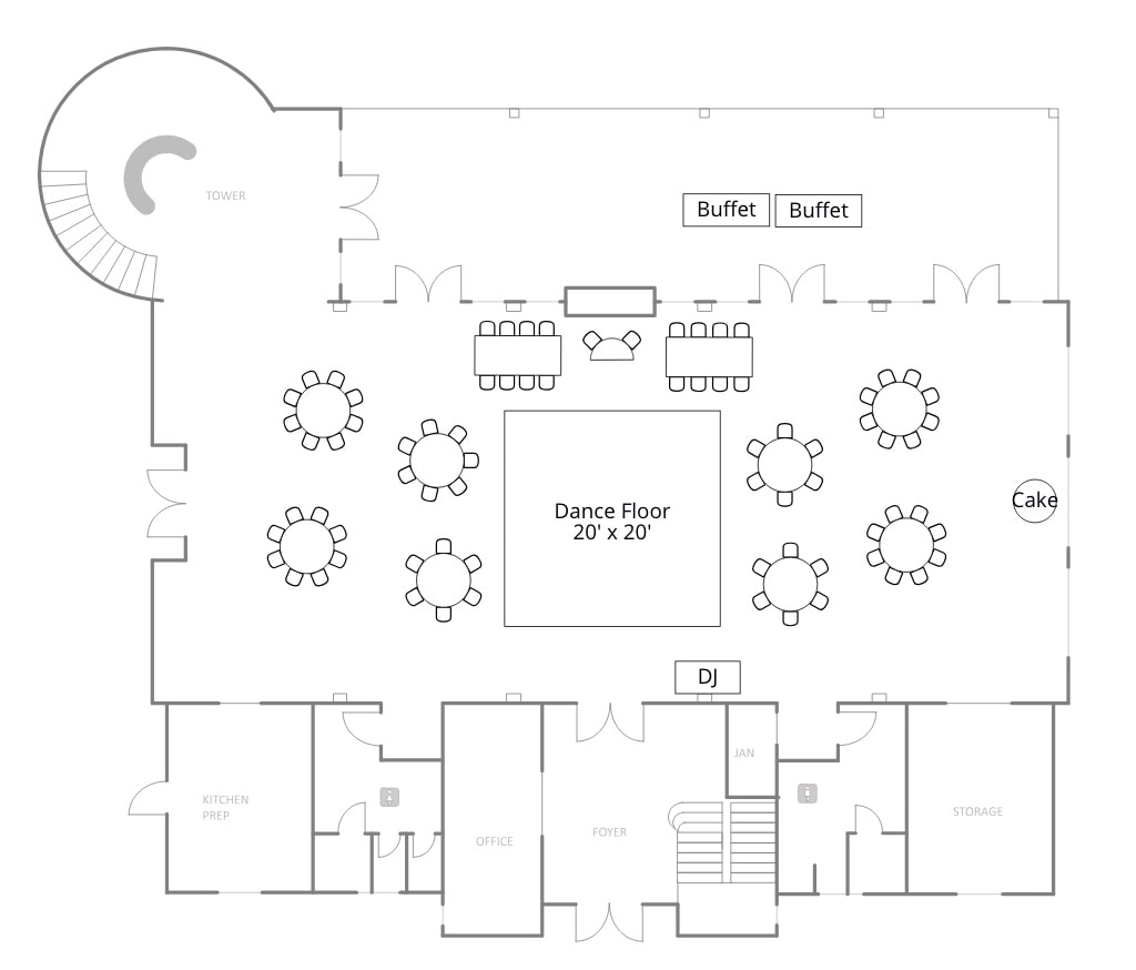 Floor plan — DJ and dance floor layout, up to 130 guests