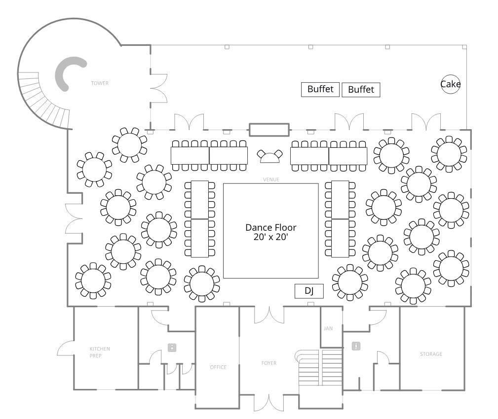 Floor plan — large reception layout, up to 250 guests