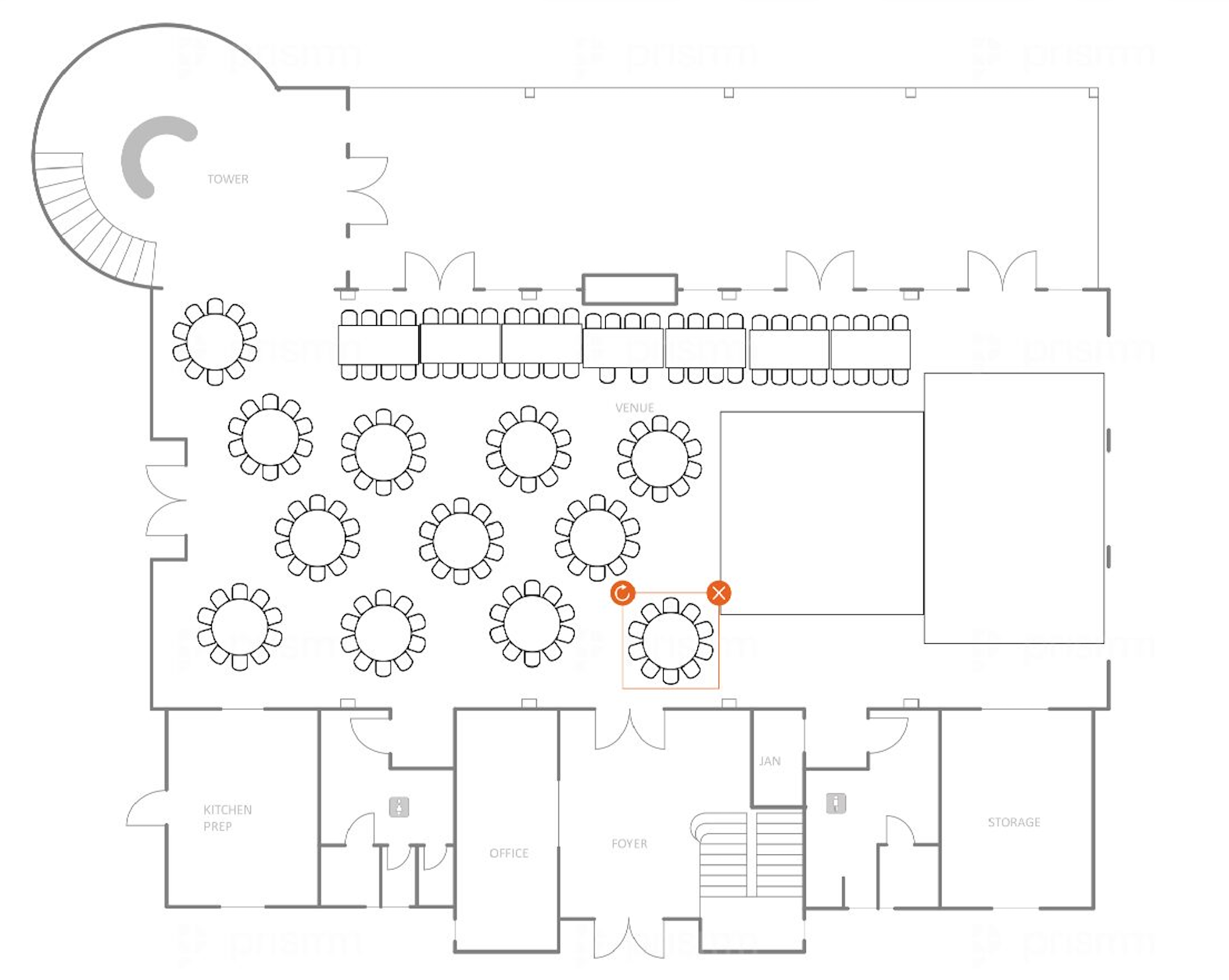 Band floor plan layout for 175 guests with stage at French doors