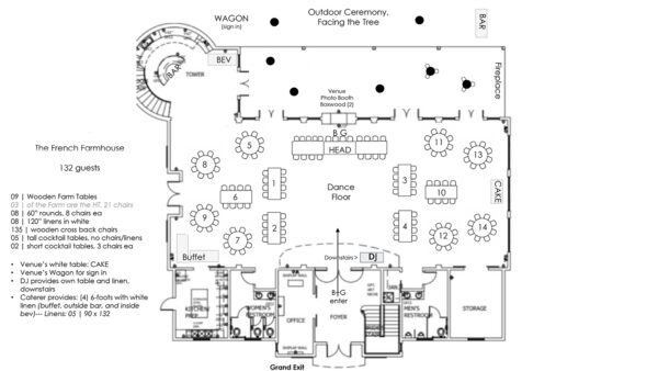 Floor plan for 132 guests at the French farmhouse venue in Collinsville, Texas!