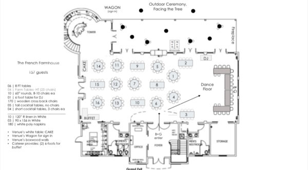 Floor plan for 157 guests at the French farmhouse venue in Collinsville, Texas!
