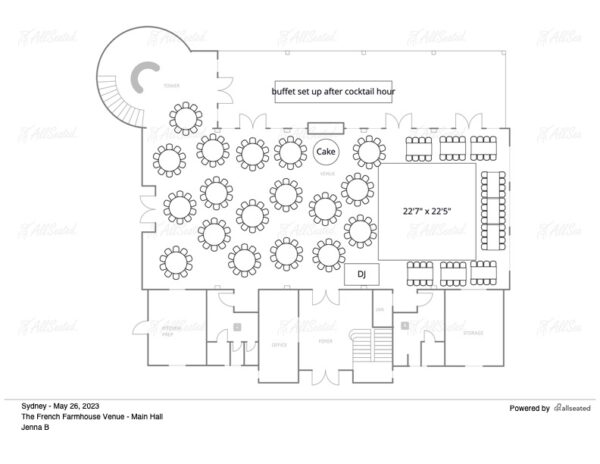 Floor plan for 250 guests at the French farmhouse venue in Collinsville, Texas!